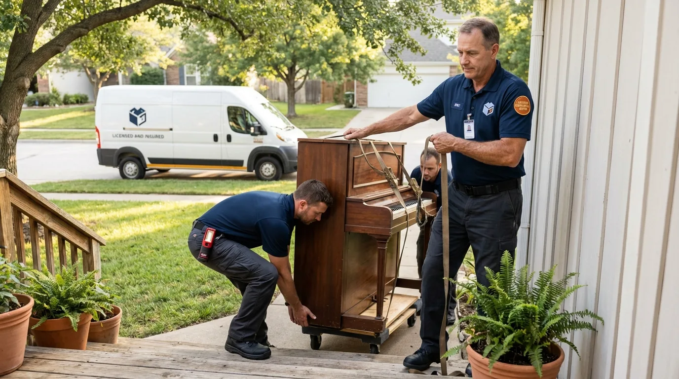 Licensed piano movers securing grand piano in Highlands, TX