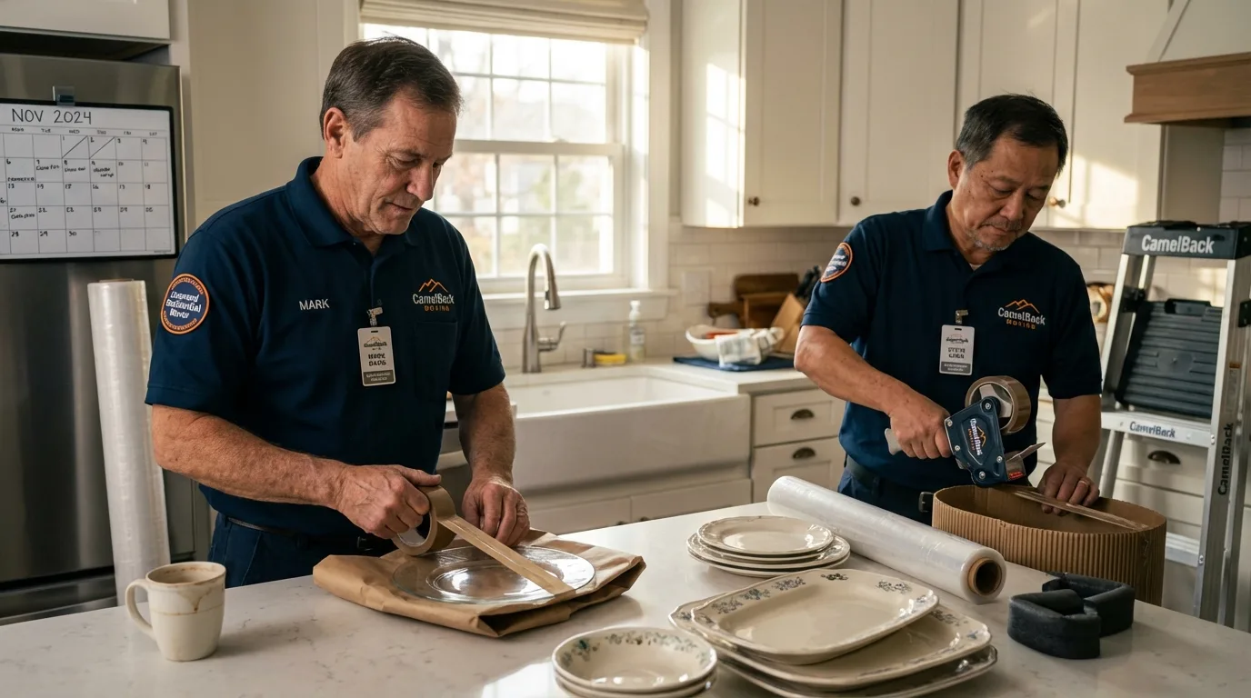 Professional crew packing kitchen dishware in Highlands, TX